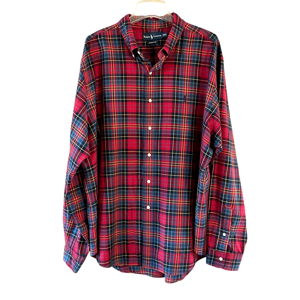RALPH LAUREN Men's Size XXL Red/Blue Holiday Plaid Classic Fit Long Sleeve Shirt